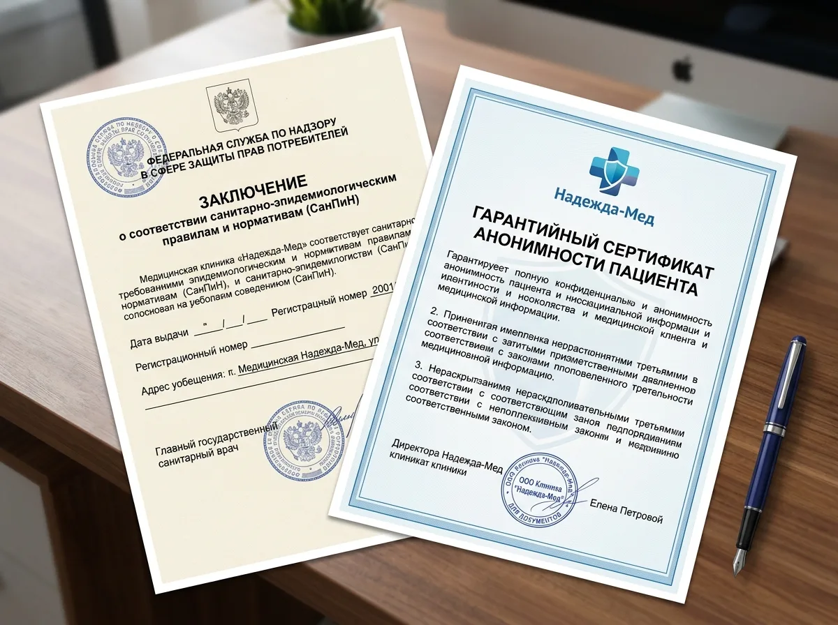 Документ о соответствии санитарным нормам СанПиН и гарантийный сертификат анонимности от клиники — официальный бланк с логотипом организации